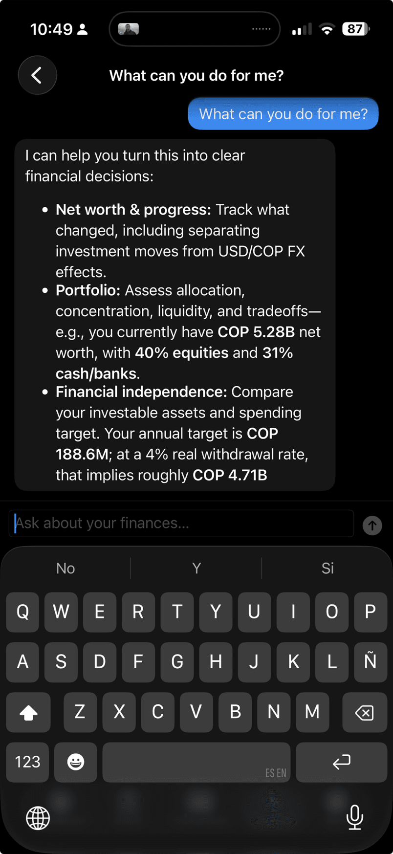 Guaca's AI financial chat answering about net worth and portfolio