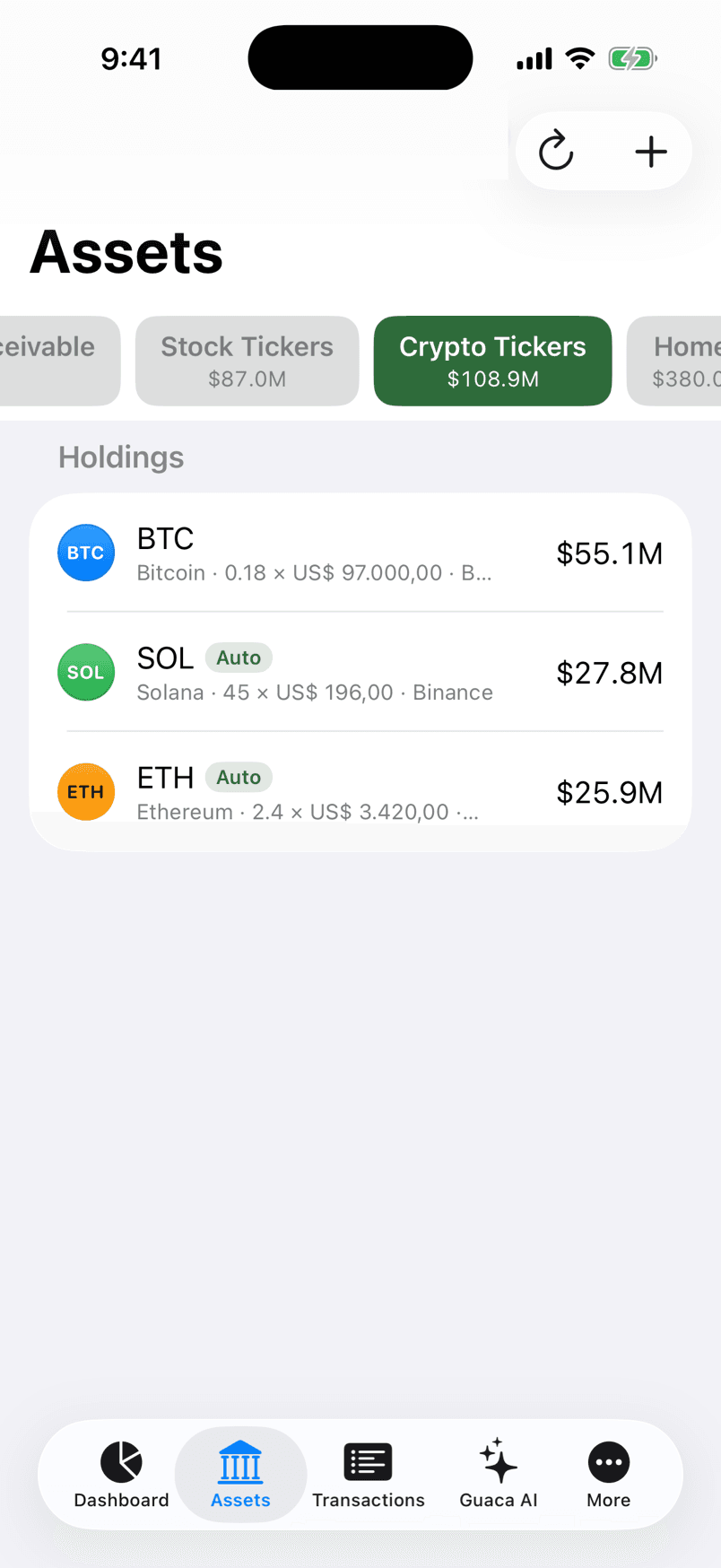 Crypto holdings from Binance and wallets in the Guaca app