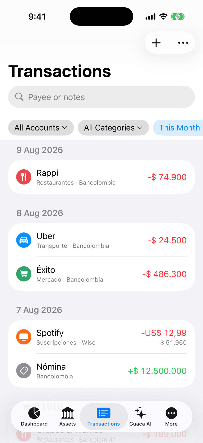 Transaction list in pesos and dollars in the Guaca app